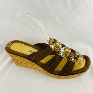 Dezario Leather Animal Print Platform Cork Wedge Sandals - Size 39 / 8.5
